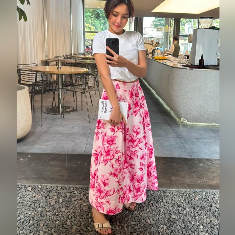Zara Floral Print High Waist Midi Full Skirt Pink white XS 7484/067 NWT